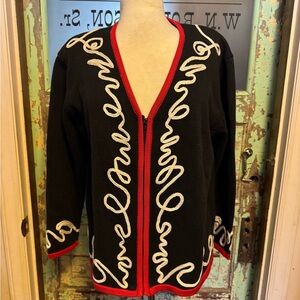 Stylish Black Cardigan with Red and White Swirls Zip up